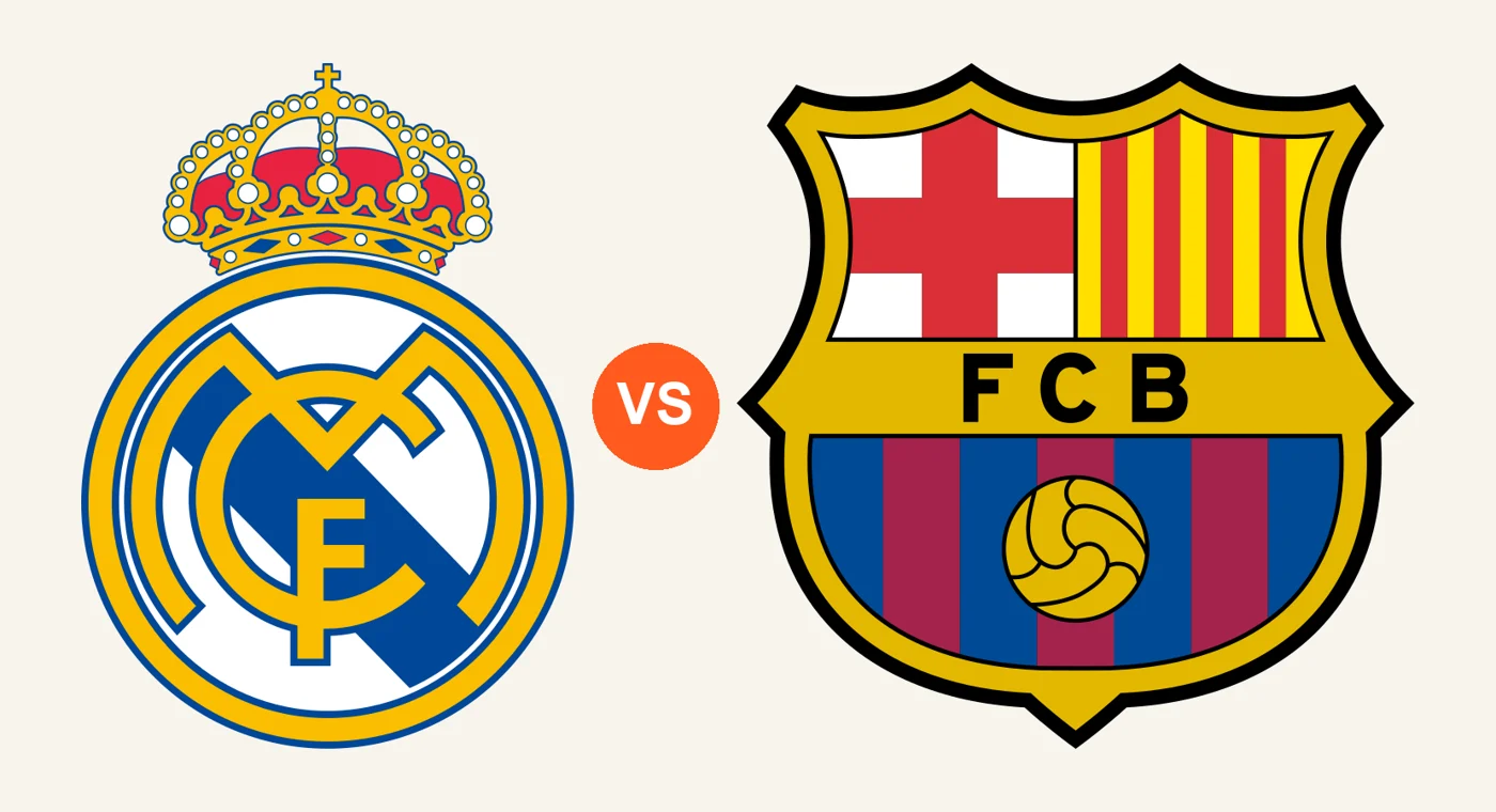 Les écussons du Real Madrid et du FC Barcelone face à face, séparés par un VS orange