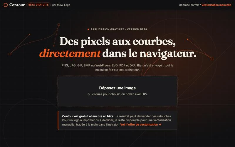 Page d'accueil de Contour : « Des pixels aux courbes, directement dans le navigateur », avec une zone pour déposer une image