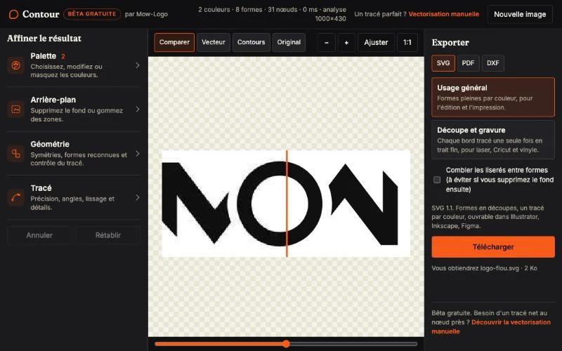 Vue Comparer de Contour : à gauche l'original en pixels, à droite le tracé vectoriel