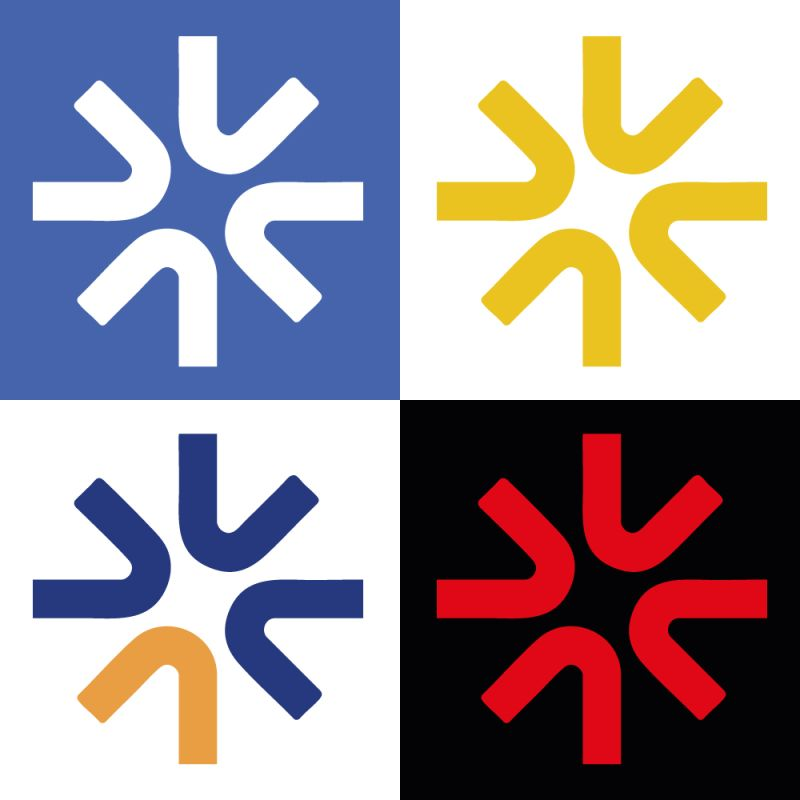 Quatre versions du même logo en forme de moulinet, recolorées en bleu, jaune, marine/orange et rouge/noir