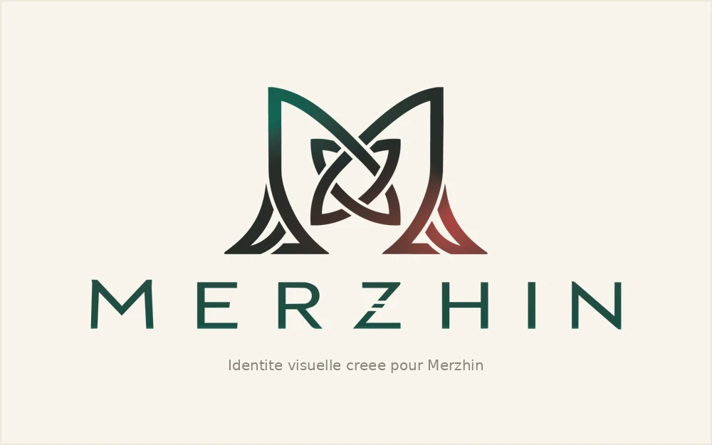 Logo créé pour Merzhin, avec un monogramme M en forme d'entrelacs et une typographie personnalisée