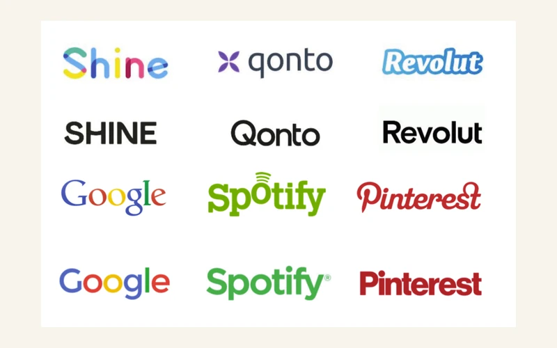 Comparaison de logos avant et après simplification : Shine, Qonto, Revolut, Google, Spotify et Pinterest