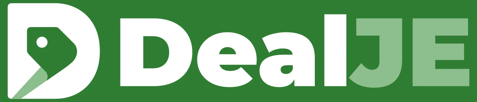 DealJE logo: a D containing a price tag, followed by the name DealJE in white and light green on a green background