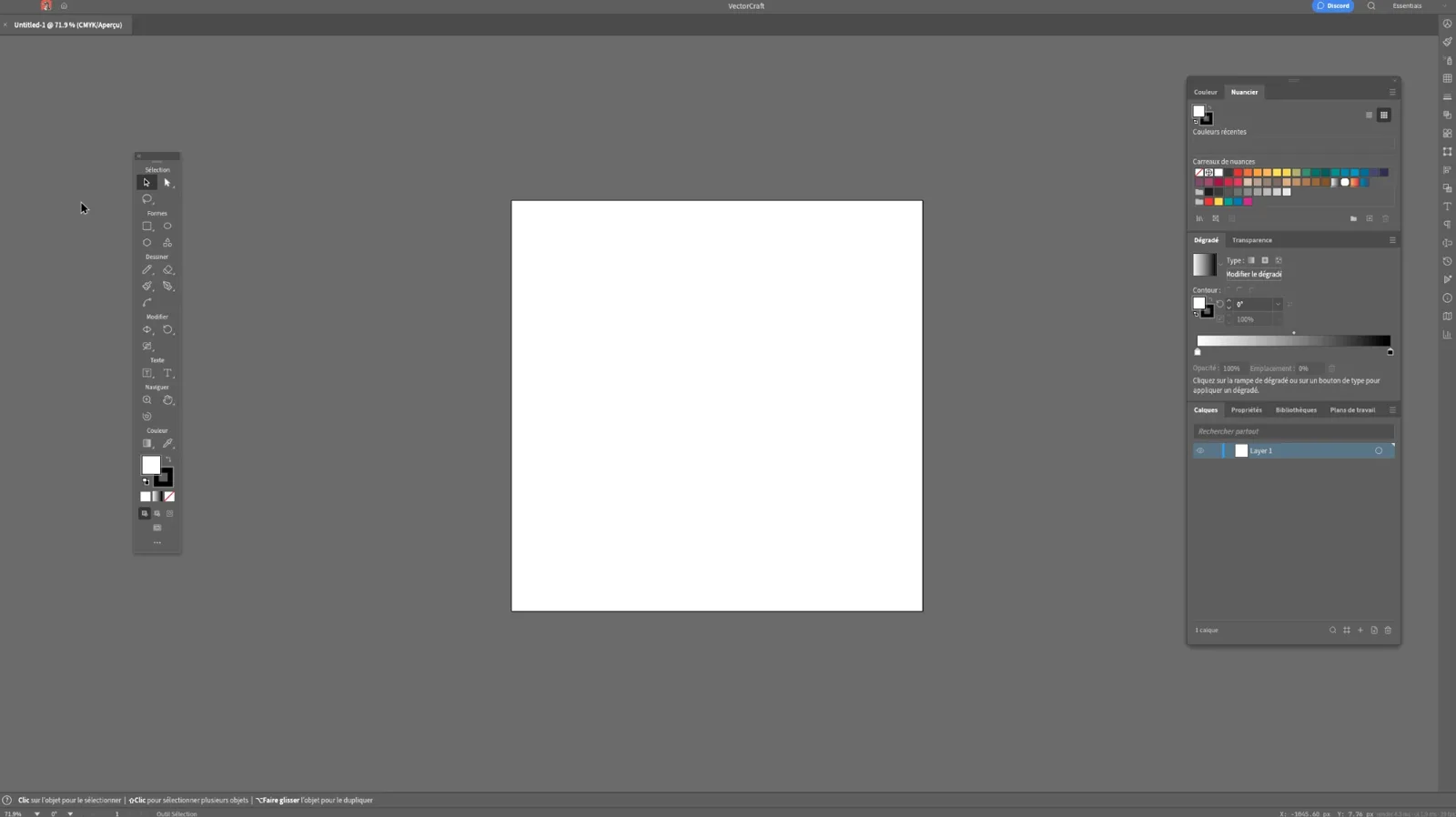 VectorCraft workspace reconfigured like Illustrator's, with toolbox, swatches, gradient and layers panels