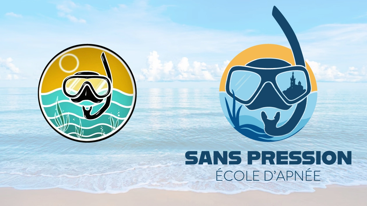 Vectorisation logo IA Sans Pression pour école d'apnée : masque de plongée avant et après retouche manuelle en logo vectoriel professionnel