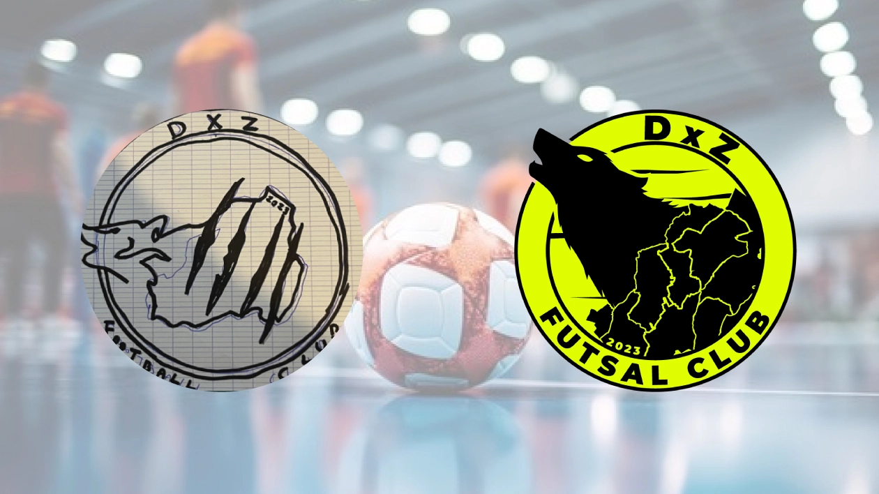 Croquis d'emblème sportif transformé en logo vectoriel professionnel pour le club de futsal DXZ, blason avec tête de loup