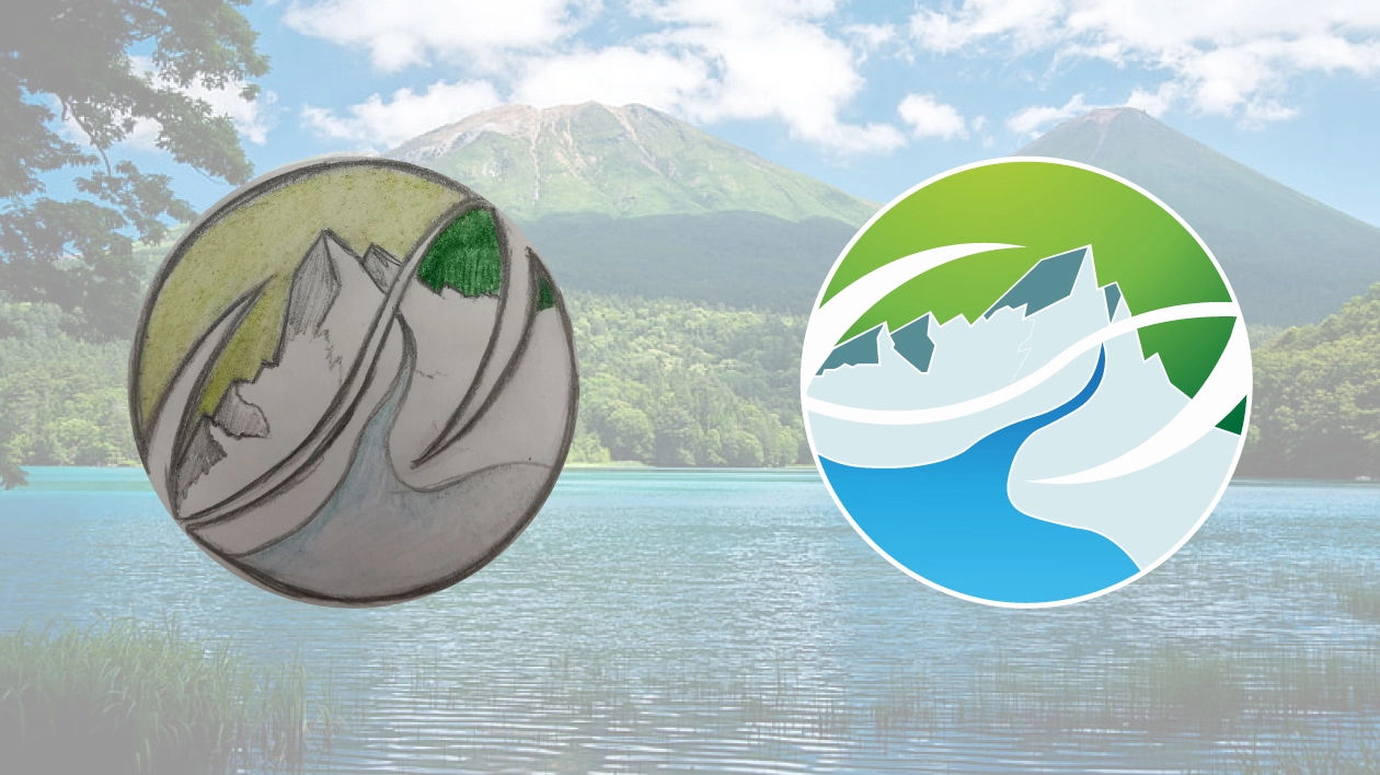 Croquis dessiné à la main transformé en logo vectoriel professionnel pour la marque Crisis, illustration de montagne et rivière