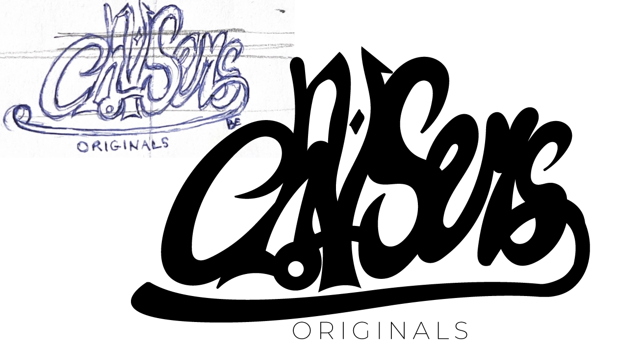 Croquis de lettrage graffiti street art transformé en logo vectoriel professionnel pour la marque de vêtements Chasers Originals