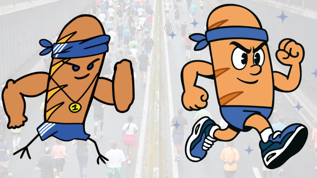 Croquis client d'une mascotte de running club transformé en logo vectoriel professionnel, personnage de pain qui court