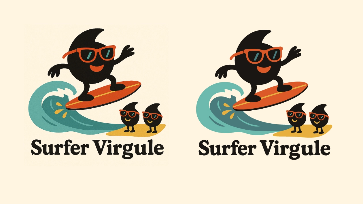 Vectorisation logo IA Surfer Virgule pour marque de surf : avant et après correction manuelle en fichier vectoriel professionnel