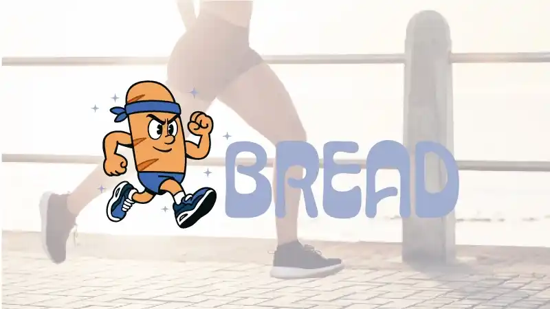 Création de logo pour Bread, club de running à Lyon : mascotte baguette en style cartoon rubber hose, typographie bleue