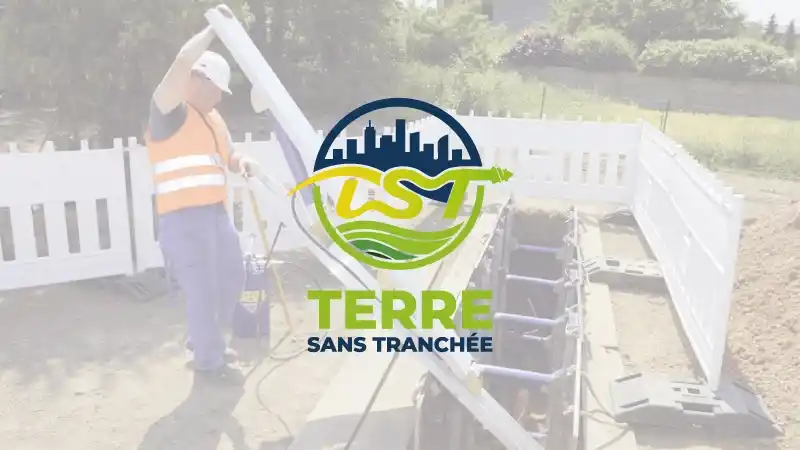 Création de logo pour Terre Sans Tranchée (TST), artisan travaux sans tranchée : silhouette de ville, dégradé vert et bleu marine