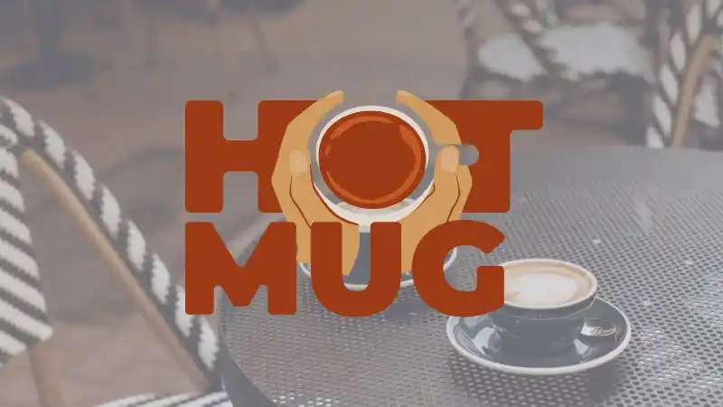 Création de logo pour Hot Mug, espace d'écoute scolaire : mug de café tenu par deux mains, typographie ronde orange terracotta