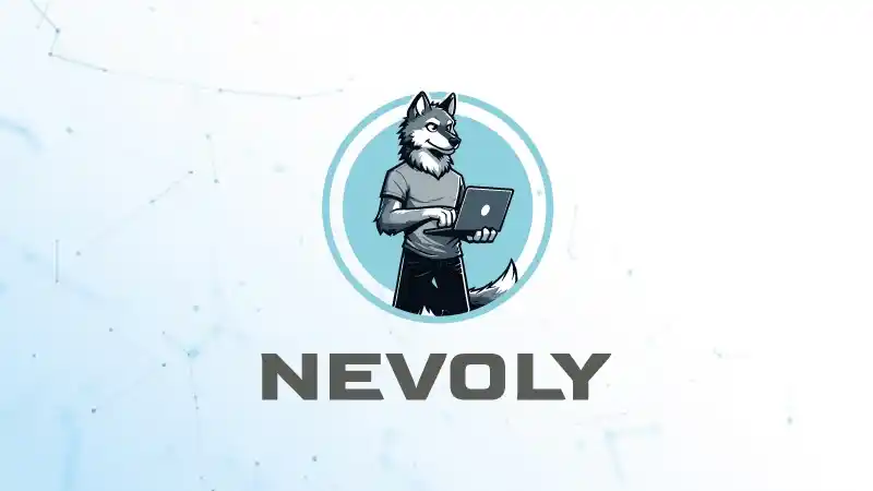 Logo and mascot design for Nevoly, personal IT branding: anthropomorphic wolf with a laptop, light-blue circle